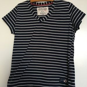 Nautical Short Sleeves T-Shirt, Blue & White Stripes by Oceania ⛵️ 🌊